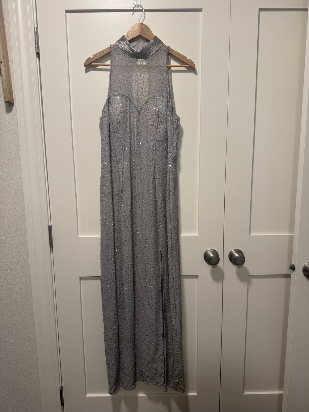 VTG Sean Collection 100% Silk Beaded Sequin Halter Evening Gown Maxi Dress XXL